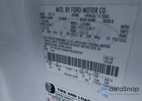 2010 Ford F-150 Fx2 Sport/Xl/Xlt z USA, uszkodzony, nr VIN 1FTEW1C88AFB55678